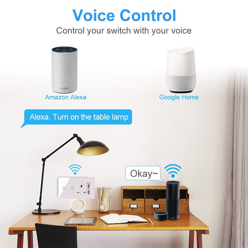 Smart WiFi Glass Panel Touch Switch + UK Power Socket + 2 USB Ports (2 Gang) With App Control Works with Amazon Alexa, Google Home Assistant - White
