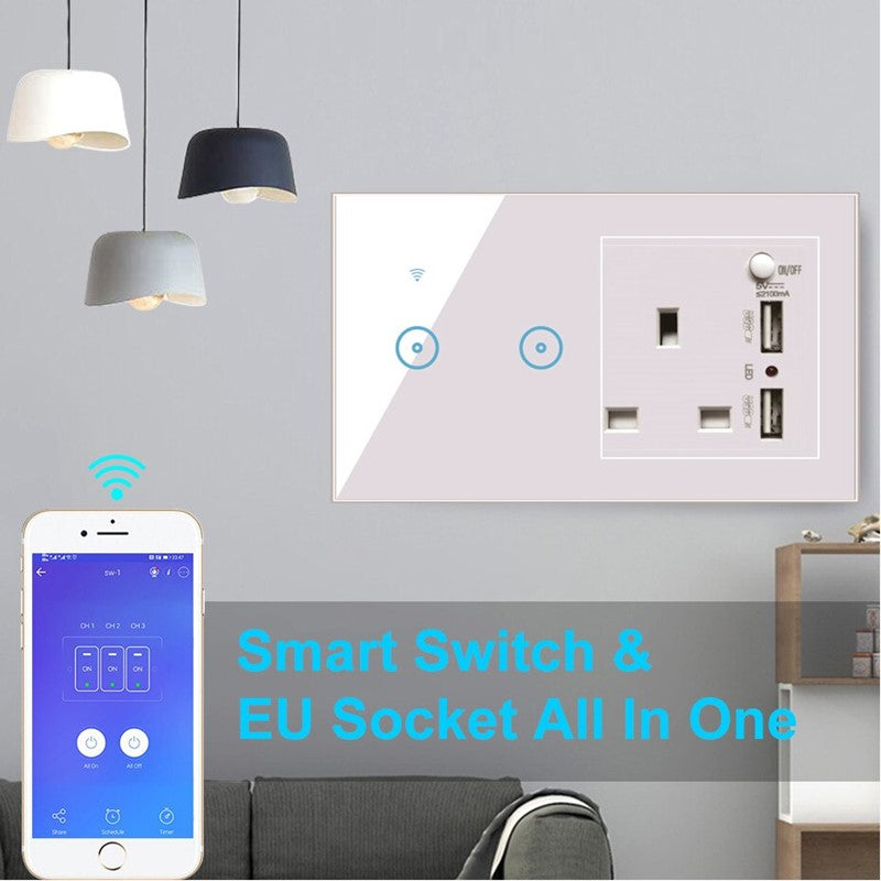 Smart WiFi Glass Panel Touch Switch + UK Power Socket + 2 USB Ports (2 Gang) With App Control Works with Amazon Alexa, Google Home Assistant - White