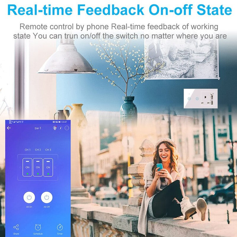 Smart WiFi Glass Panel Touch Switch + UK Power Socket + 2 USB Ports (2 Gang) With App Control Works with Amazon Alexa, Google Home Assistant - White