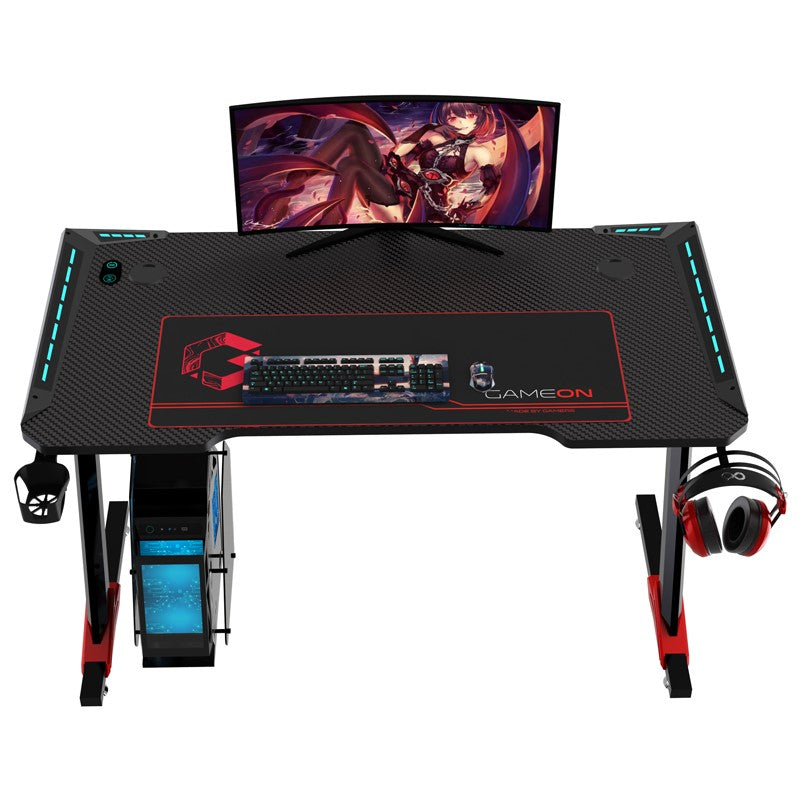 مكتب ألعاب جيم أون Raptor II Series على شكل حرف Z RGB متدفق (الحجم: 140-60-72 سم) مع (800*300*3 مم - لوحة ماوس)، خطاف سماعة رأس وحامل أكواب - أسود