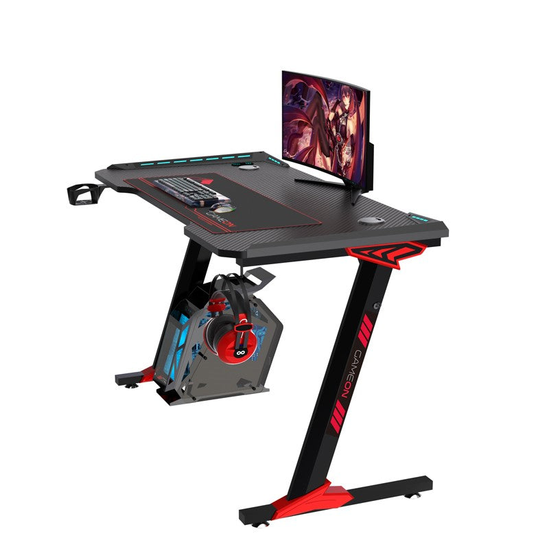 مكتب ألعاب جيم أون Raptor II Series على شكل حرف Z RGB متدفق (الحجم: 140-60-72 سم) مع (800*300*3 مم - لوحة ماوس)، خطاف سماعة رأس وحامل أكواب - أسود