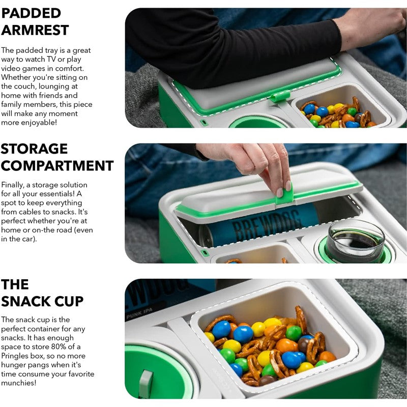 Couch Console Original Cup Holder Tray, Drinks & Snacks Sofa Caddy with Armrest, Table with Phone Stand- TV Remote Control Storage and Organizer - for Living Rooms, RV, and Cars