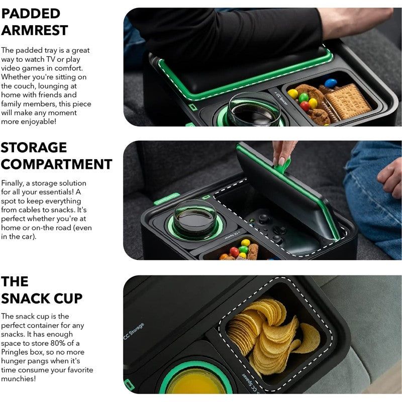 Couch Console Original Cup Holder Tray, Drinks & Snacks Sofa Caddy with Armrest, Table with Phone Stand- TV Remote Control Storage and Organizer - for Living Rooms, RV, and Cars