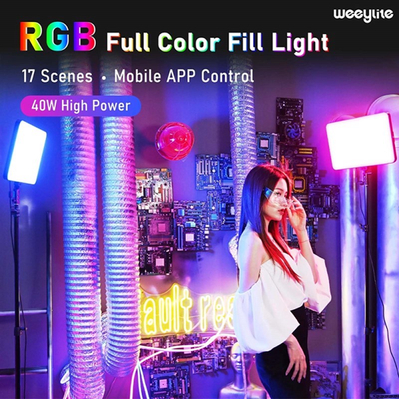 Weeylite 2 In 1 Sprite 40 RGB Selfie, Streaming Light Kit With (1) Portable Bag, (2), Light, (2) Tripod, (2) Two-way Converter, (2) DC Adapter, (1) Remote Controller - Black  - Open Box