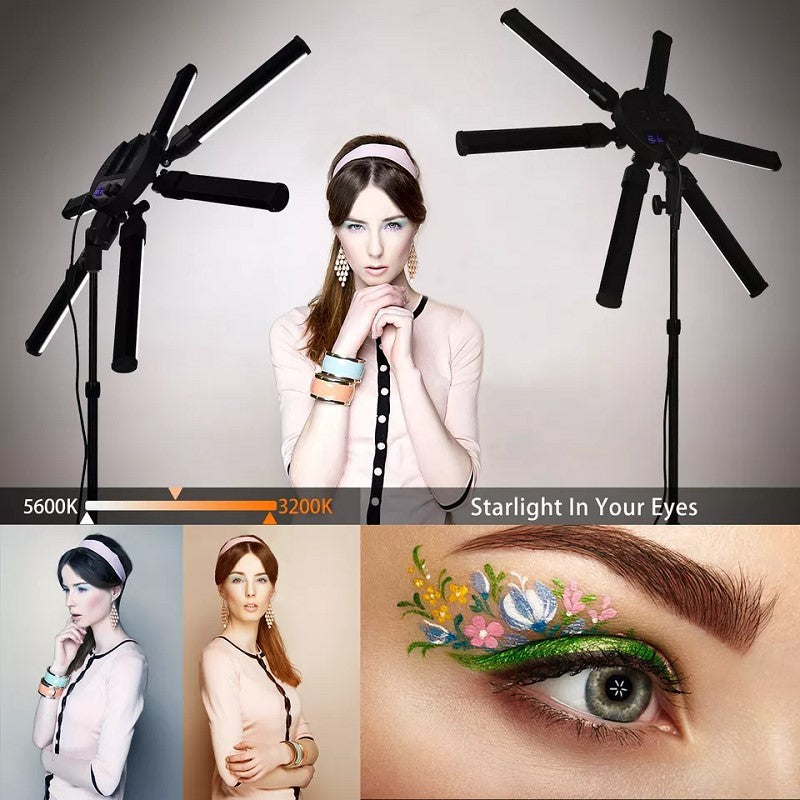 Adjustable LED 6 Star Tube Selfie Ring Light Tripod Stand For Beauty Makeup, Photography (1 x Bag, 1x Phone Holder, 1x Ball Head, 1x Power Adapter, 1x Plug, 1x Manual, 1x Tripod stand) - Black  - Open Box