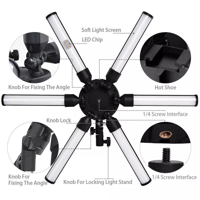 Adjustable LED 6 Star Tube Selfie Ring Light Tripod Stand For Beauty Makeup, Photography (1 x Bag, 1x Phone Holder, 1x Ball Head, 1x Power Adapter, 1x Plug, 1x Manual, 1x Tripod stand) - Black  - Open Box