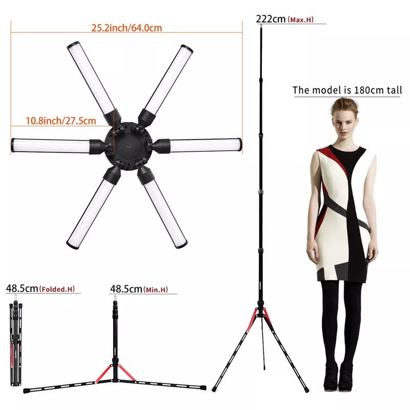 Adjustable LED 6 Star Tube Selfie Ring Light Tripod Stand For Beauty Makeup, Photography (1 x Bag, 1x Phone Holder, 1x Ball Head, 1x Power Adapter, 1x Plug, 1x Manual, 1x Tripod stand) - Black  - Open Box