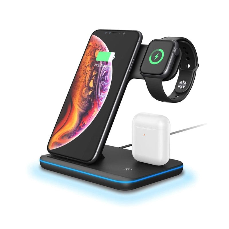 3 In 1 Wireless 15W Charging Stand, Station With LED Light For Apple Watch, Smart Phones & QI Enabled Cell Phones And Airpods - Black - Open Box