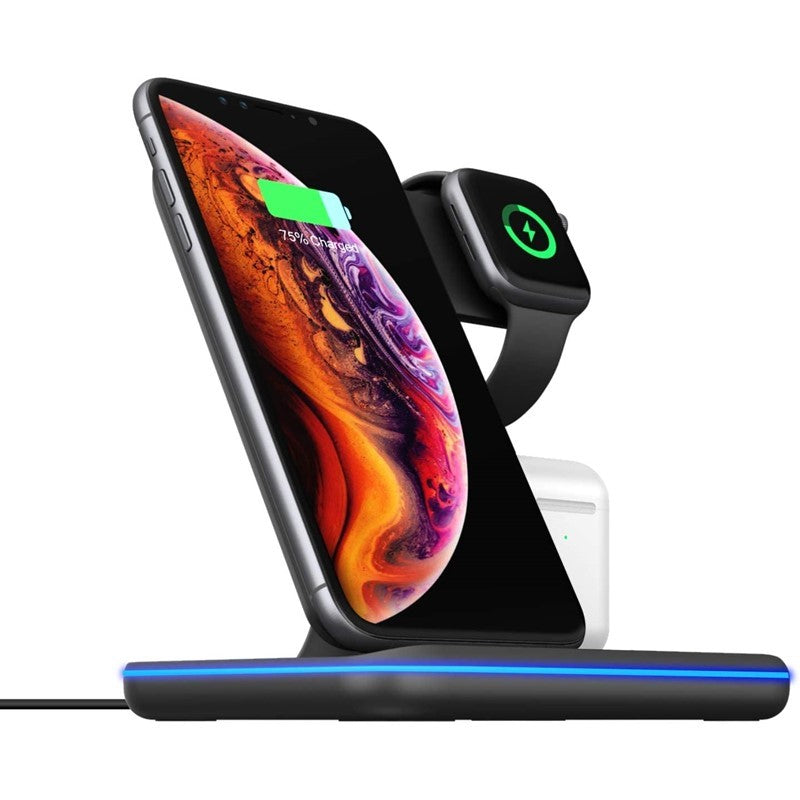 3 In 1 Wireless 15W Charging Stand, Station With LED Light For Apple Watch, Smart Phones & QI Enabled Cell Phones And Airpods - Black - Open Box