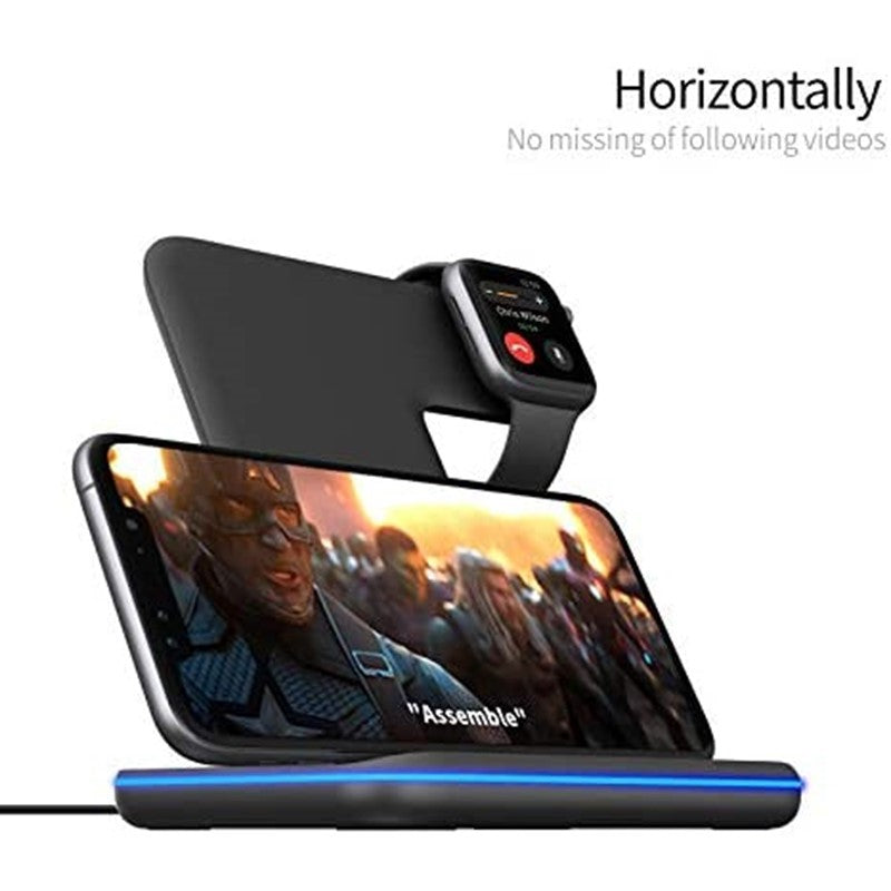 3 In 1 Wireless 15W Charging Stand, Station With LED Light For Apple Watch, Smart Phones & QI Enabled Cell Phones And Airpods - Black - Open Box
