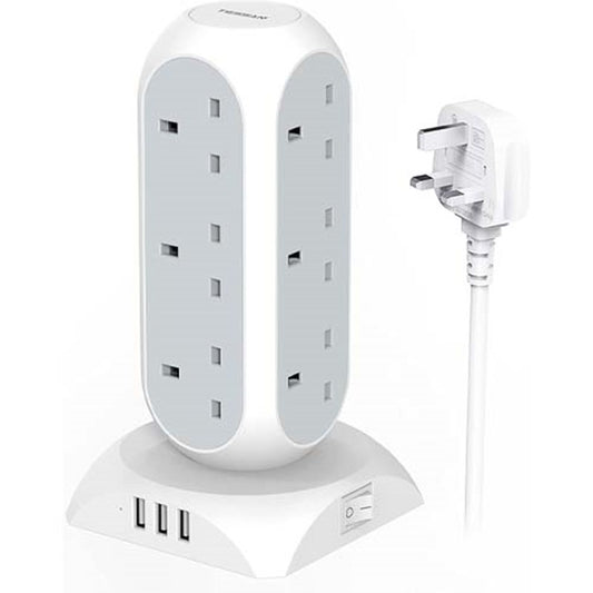 Tessan Extension Lead, 12 Way Multi Plug Extension Tower With 3 Usb Ports, Surge Protection Extension Cord With Switch, Plug Socket Tower Power Strip With 2M Cable For Home, Office, Kitchen