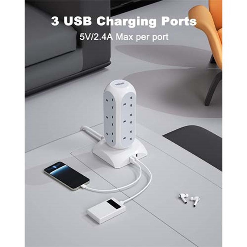 سلك تمديد من Tessan ، برج تمديد متعدد القابس 12 اتجاهًا مع 3 منافذ USB ، سلك تمديد حماية من زيادة التيار مع مفتاح ، مقبس توصيل بشريط طاقة برج مع كابل 2 متر للمنزل والمكتب والمطبخ