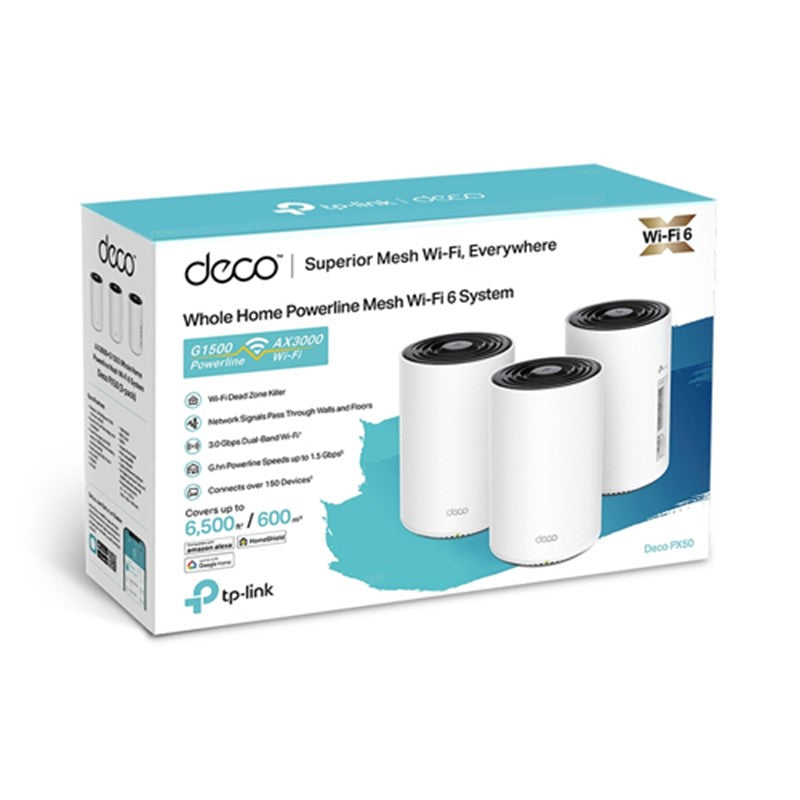 تي بي لينك Deco PX50 (3 حزم) AX3000 + G1500 نظام شبكة Wi-Fi 6 للمنزل بالكامل باورلاين