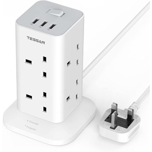 Tessan Extension Lead, 8 Way Multi Plug Extension Tower with 3 USB Slots, Surge Protection Extension Cord with Switch, Plug Socket Tower Power Strip with 2M Cable for Home, Office, Kitchen