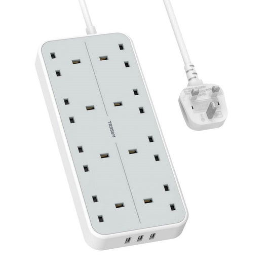 Tessan Extension Lead, 8 Way Multi Plug Extension With 3 Usb Slots, 2M Cable, Wall Mounted Power Strip Socket For Home, Office