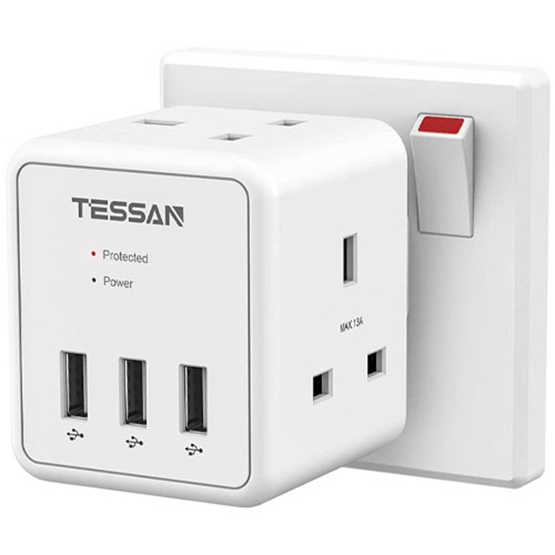 محول قابس تمديد من Tessan ، محول قابس ثنائي الاتجاه محمي من زيادة التيار مع 3 Usb ، 13A Cube متعدد التوصيلات مقبس حائط تمديد للمنزل والمكتب والمطبخ