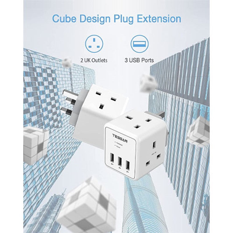 محول قابس تمديد من Tessan ، محول قابس ثنائي الاتجاه محمي من زيادة التيار مع 3 Usb ، 13A Cube متعدد التوصيلات مقبس حائط تمديد للمنزل والمكتب والمطبخ