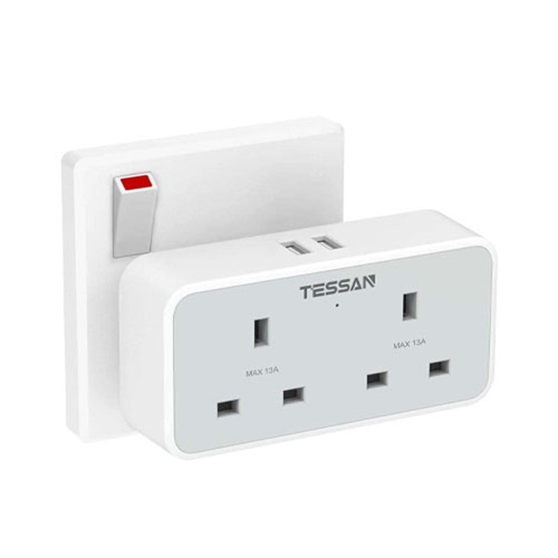 محول قابس تمديد من Tessan ، محول قابس مزدوج مع 2 USB ، مهايئ تمديد مقابس ثنائية الاتجاه ، مقبس طاقة شاحن جداري محمي من التيار المزدوج 13A UK للمنزل والمكتب والمطبخ والكمبيوتر الشخصي