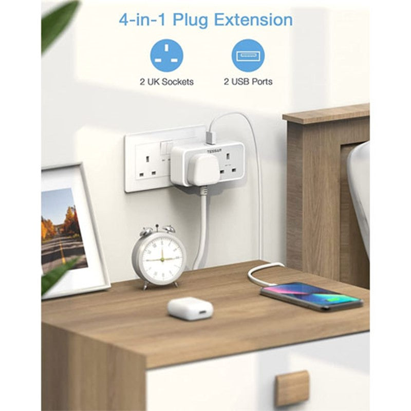 محول قابس تمديد من Tessan ، محول قابس مزدوج مع 2 USB ، مهايئ تمديد مقابس ثنائية الاتجاه ، مقبس طاقة شاحن جداري محمي من التيار المزدوج 13A UK للمنزل والمكتب والمطبخ والكمبيوتر الشخصي