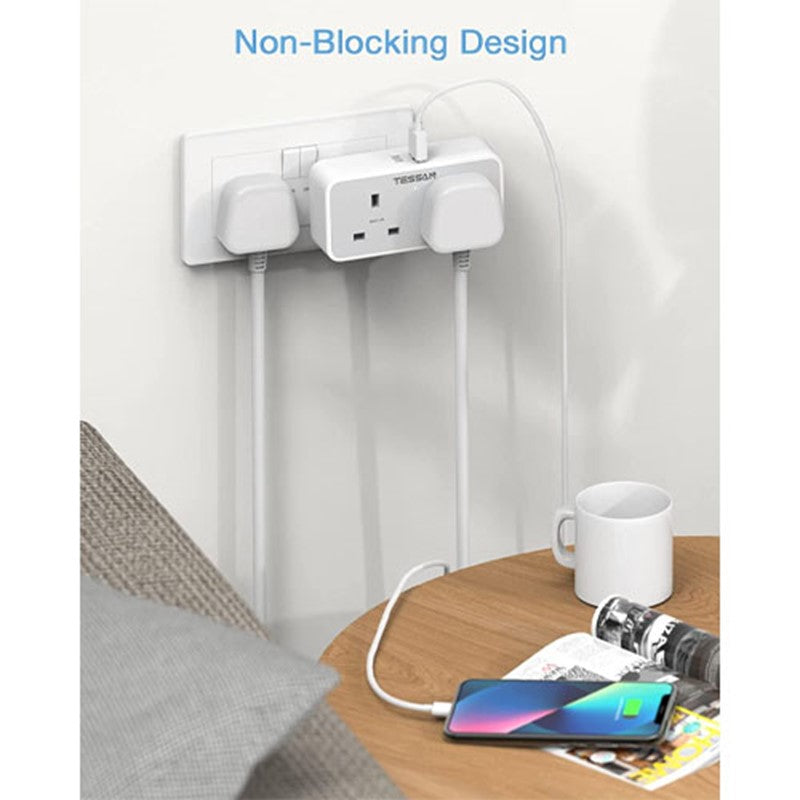 محول قابس تمديد من Tessan ، محول قابس مزدوج مع 2 USB ، مهايئ تمديد مقابس ثنائية الاتجاه ، مقبس طاقة شاحن جداري محمي من التيار المزدوج 13A UK للمنزل والمكتب والمطبخ والكمبيوتر الشخصي