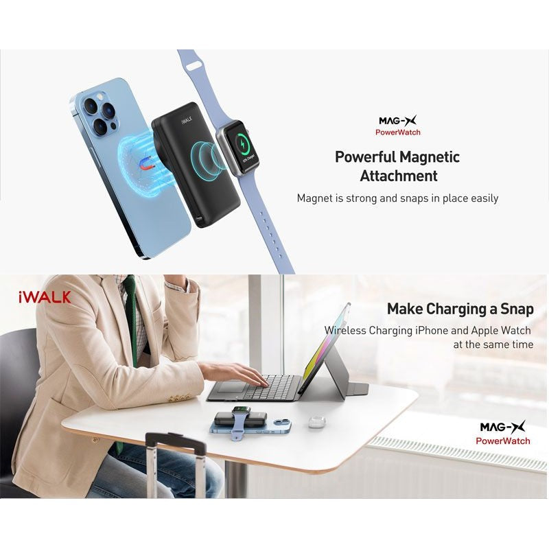 بنك الطاقة iWalk MAG-X اللاسلكي المغناطيسي بقدرة 10000 مللي أمبير في الساعة مع منفذ شحن لساعة Apple - أسود