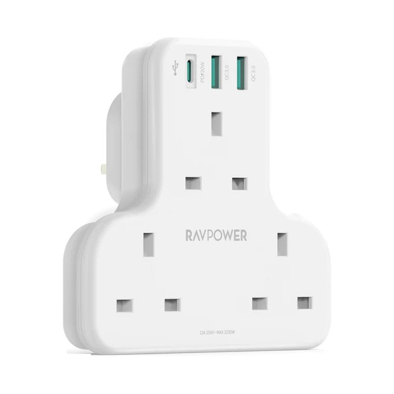 RavPower RP-PC1036 PD Pioneer 20W 3 Port Charger White UK Version with 3 AC Plug
