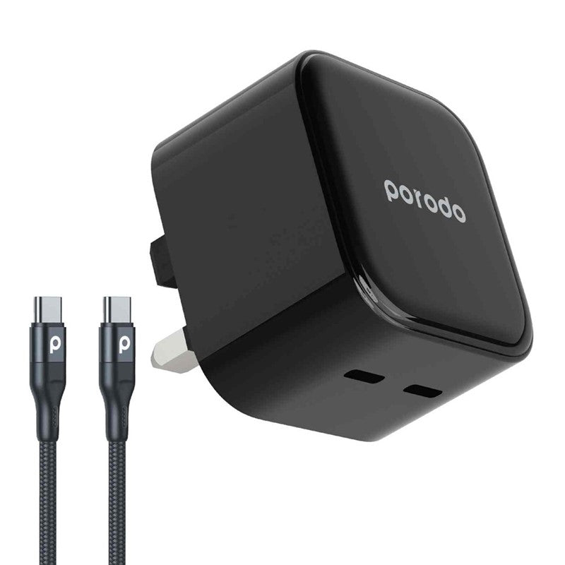 بورودو شاحن حائط مزدوج USB-C فائق السرعة مع كابل من النوع C إلى النوع C بطول 1.2 متر، أسود