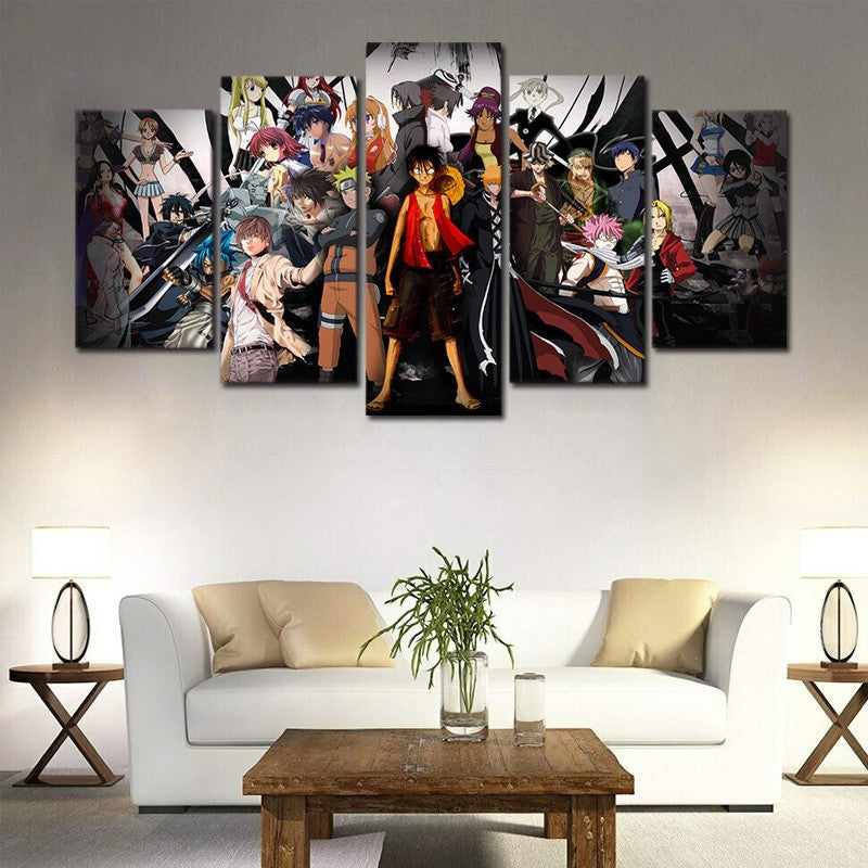Anime - Group Photo (One Piece, Naruto, Demon Slayer, Bleach) 5 Piece Wall Painting Canvas Art Poster (30x50cmx2 / 30x65cmx2 / 30x80cmx1) With For Room & Home Decoration