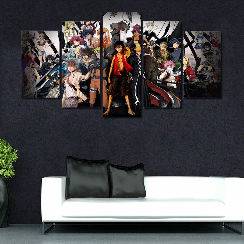 Anime - Group Photo (One Piece, Naruto, Demon Slayer, Bleach) 5 Piece Wall Painting Canvas Art Poster (30x50cmx2 / 30x65cmx2 / 30x80cmx1) With For Room & Home Decoration