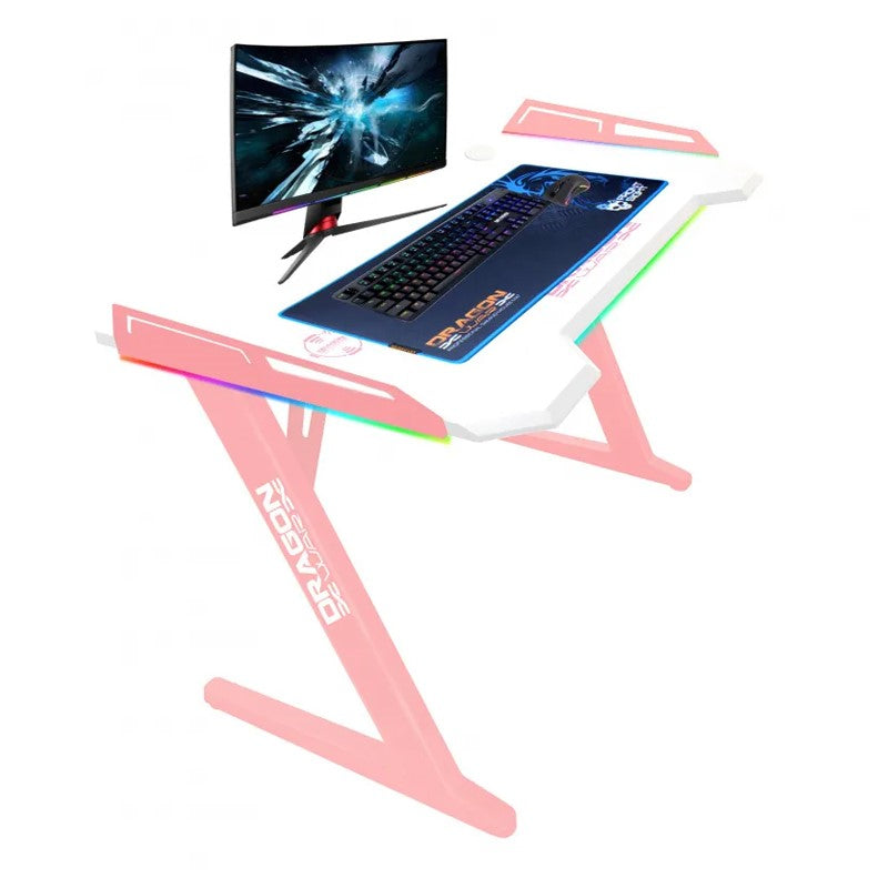 Dragon War GT-006 Gaming Desk (RGB Version), Z Shaped Leg, White Melamine Board - Pink