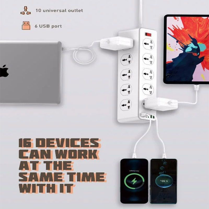 LDNIO Power Strip 10 Power Socket 6 USB 3.4A 5V 2500 Watts