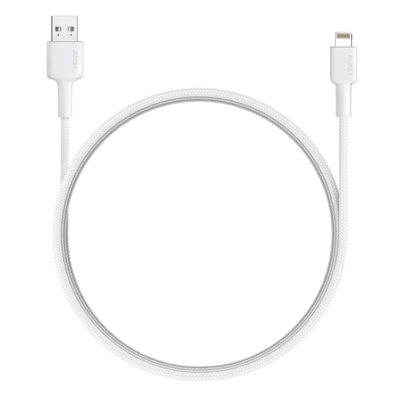 Aukey Universal Adapter with 3 USB Ports + Aukey Nylon Braided USB Lightning Cable (0.9M) + Aukey Nylon Braided USB 2.0 to USB C Cable (0.9M) - White