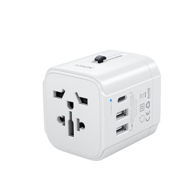 Aukey Universal Adapter with 3 USB Ports + Aukey Nylon Braided USB Lightning Cable (0.9M) + Aukey Nylon Braided USB 2.0 to USB C Cable (0.9M) - White