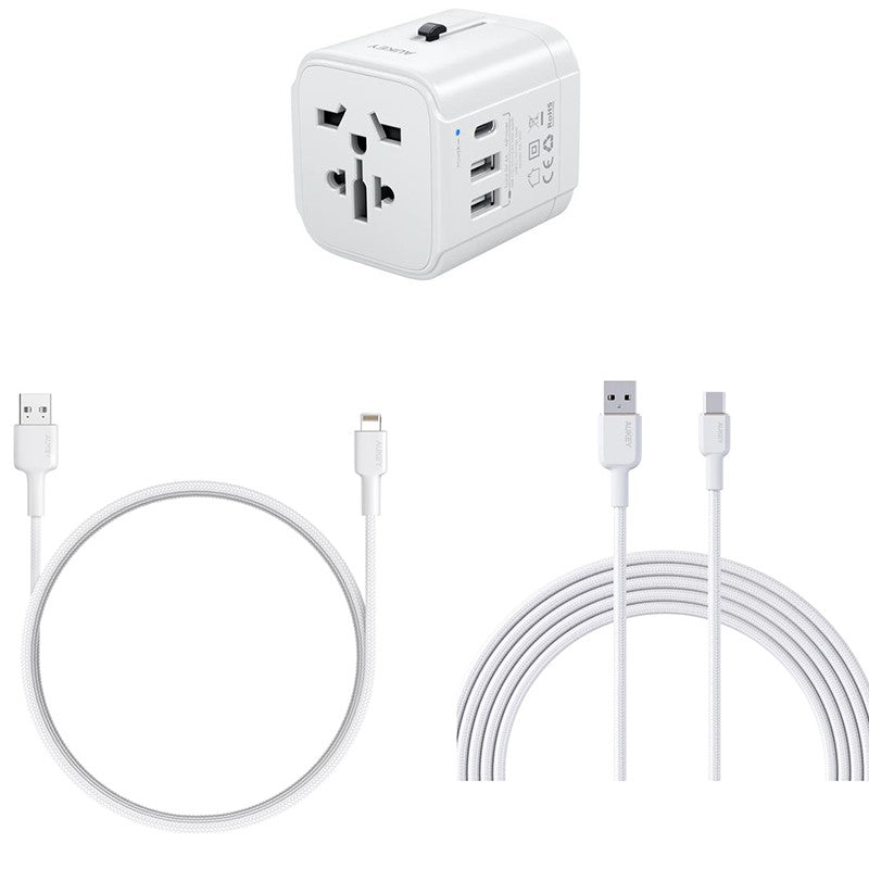 Aukey Universal Adapter with 3 USB Ports + Aukey Nylon Braided USB Lightning Cable (0.9M) + Aukey Nylon Braided USB 2.0 to USB C Cable (0.9M) - White
