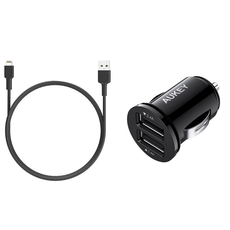 Aukey 24 Watts Dal Port Ultra Small Car Charger + Aukey Nylon Braided USB-A to Lightning Cable (0.9M)