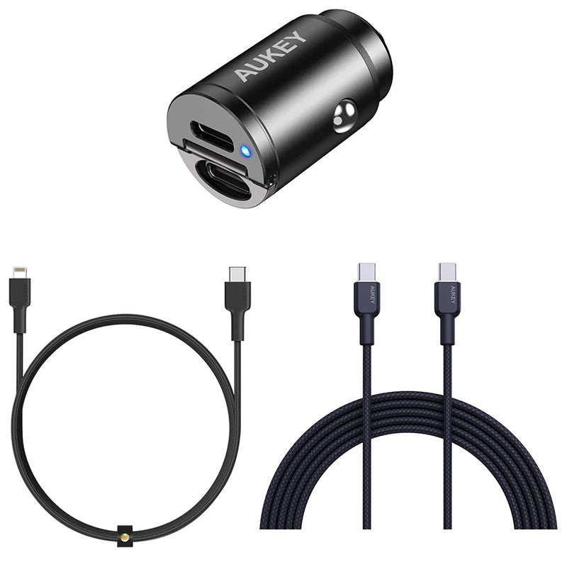 Aukey 30 Watts Ultra Small 2 USB C Port Car Charger + Aukey Nylon Braided USB-C to  Lightning Cable (2M) + Aukey Nylon Braided USB-C to USB-C Cable (1M)