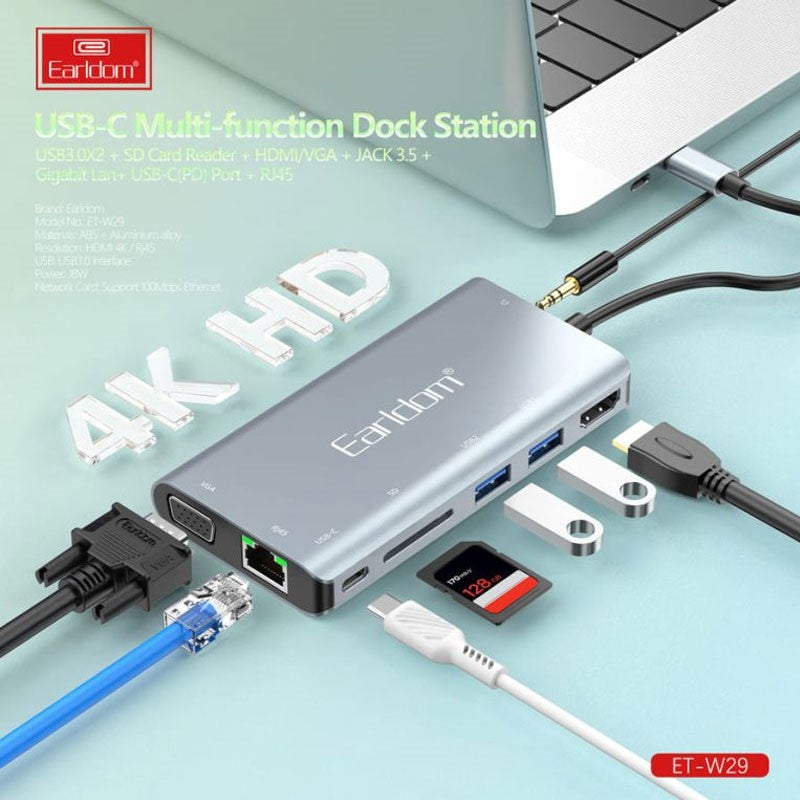 8 in 1 Type-C to USB3.0 + USB2.0 + SD + HDMI 4K + VGA Port Hub For Macbook and Laptops