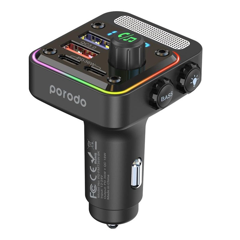 Porodo Quick-Charge FM Car Charger ( Dual USB-C & USB-A ) PD 36 Watts, Black