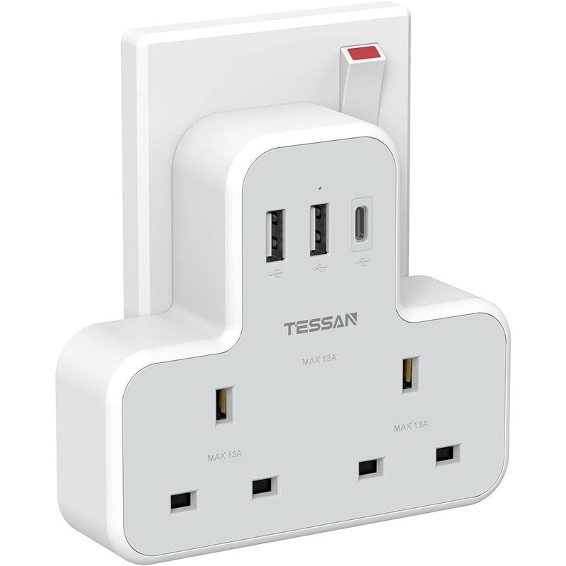 Extension Plug Adapter, TESSAN Double Plug Adaptor Multi Plug Extension, 2 Way Double Plug with USB C Fast Charger Plug, Slim Multiple Plug Socket UK for Kitchen, Office