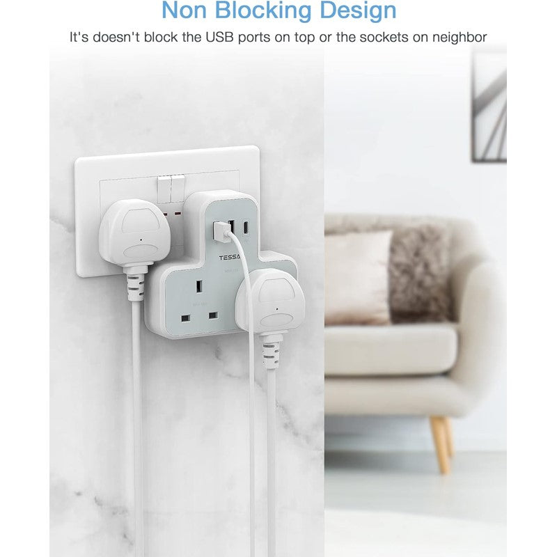 Extension Plug Adapter, TESSAN Double Plug Adaptor Multi Plug Extension, 2 Way Double Plug with USB C Fast Charger Plug, Slim Multiple Plug Socket UK for Kitchen, Office