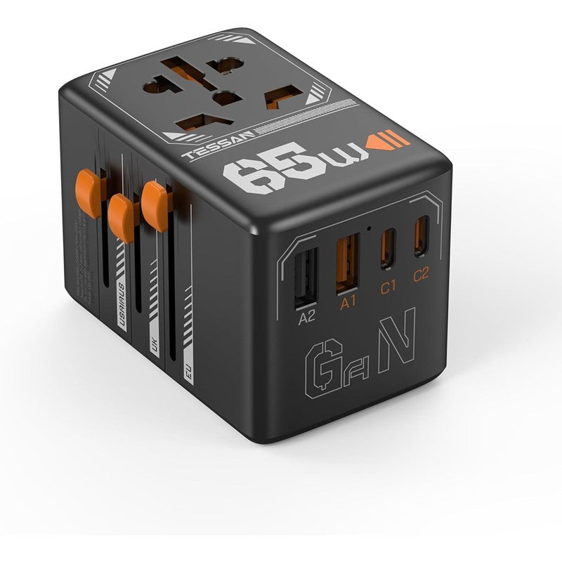 Universal Travel Adapter, TESSAN Universal GaN 65W Power Adapter, International Plug Adaptor with 2 USB C and 2 USB Charging Ports, Worldwide Power Outlet, All in 1 Wall Charger Converter
