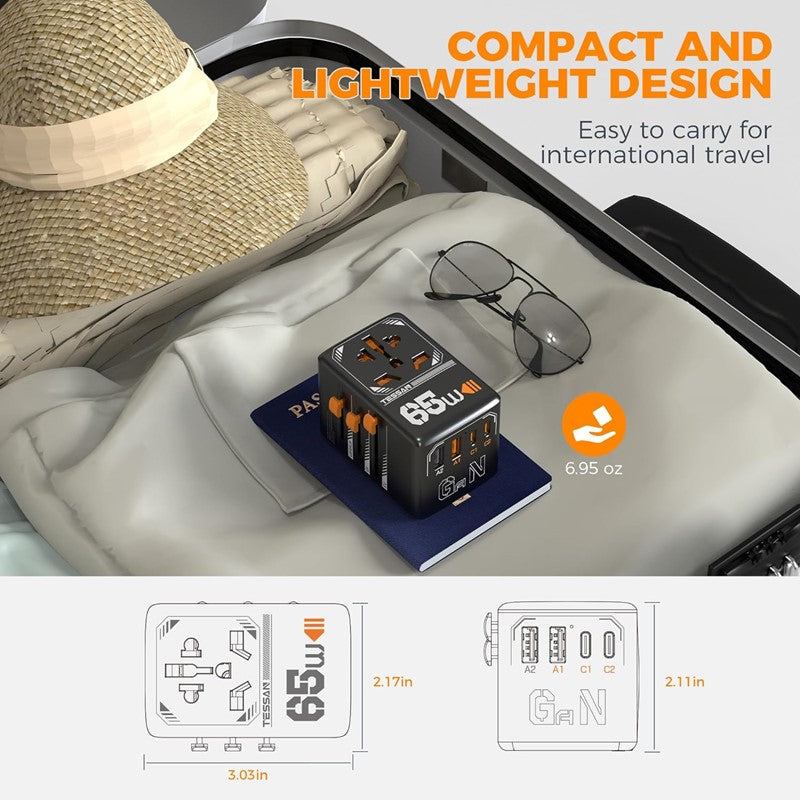 Universal Travel Adapter, TESSAN Universal GaN 65W Power Adapter, International Plug Adaptor with 2 USB C and 2 USB Charging Ports, Worldwide Power Outlet, All in 1 Wall Charger Converter