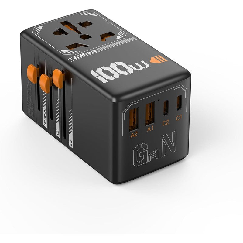 Universal Travel Adapter, TESSAN GaN 100W International Plug Adaptor with 2 USB C and 2 USB A Charging Ports, Worldwide Power Outlet