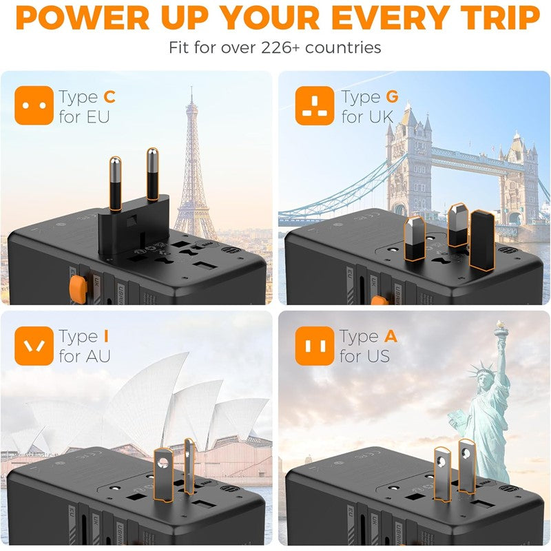 Universal Travel Adapter, TESSAN GaN 100W International Plug Adaptor with 2 USB C and 2 USB A Charging Ports, Worldwide Power Outlet