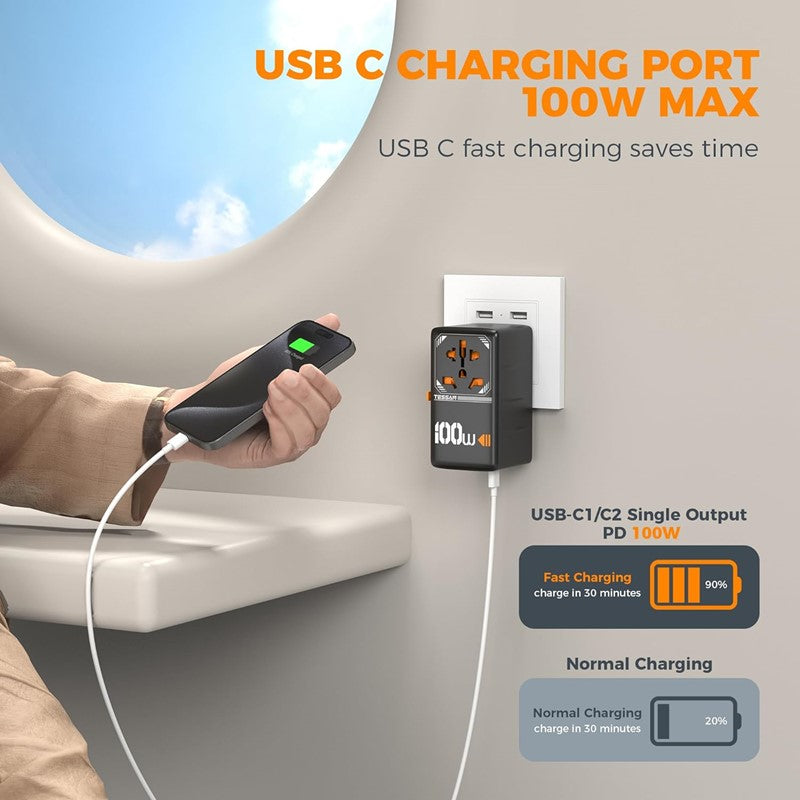 Universal Travel Adapter, TESSAN GaN 100W International Plug Adaptor with 2 USB C and 2 USB A Charging Ports, Worldwide Power Outlet