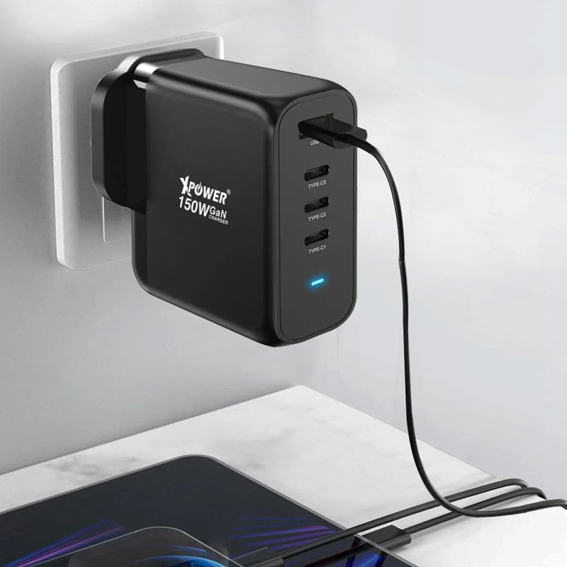 Xpower GW150B 150 Watts 4 Outout PD 3.0/QC/SCP Gan Wall Charger, Black