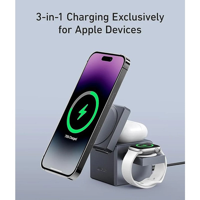 Anker MagGo MagSafe Charger Stand, 3-in-1 Charging Stand with MFi-Certified 15 Watts Max Fast Charging, for iPhone, Apple Watch, AirPods