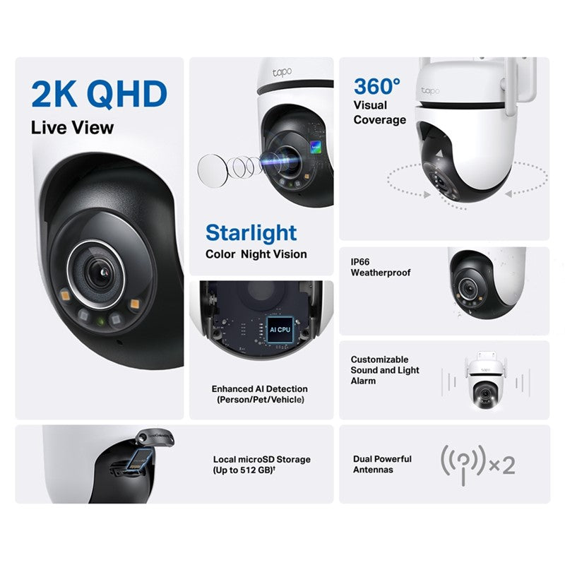 TP-Link Tapo 520WS Outdoor Pan/Tilt Security Wi-Fi Camera 2K, 512GB Micro SD Support